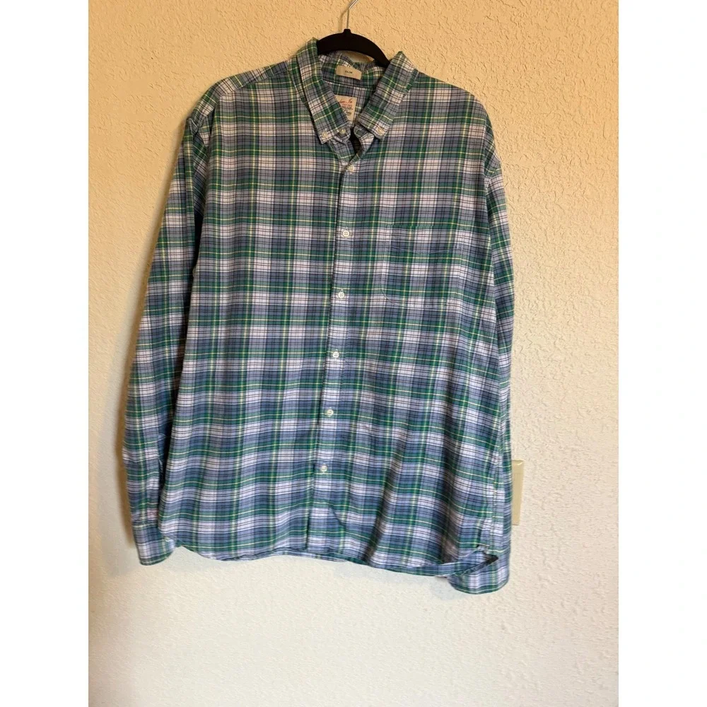 J. Crew Broken-In Oxford Slim Fit Plaid Shirt Mens XL Blue Green Organic Cotton